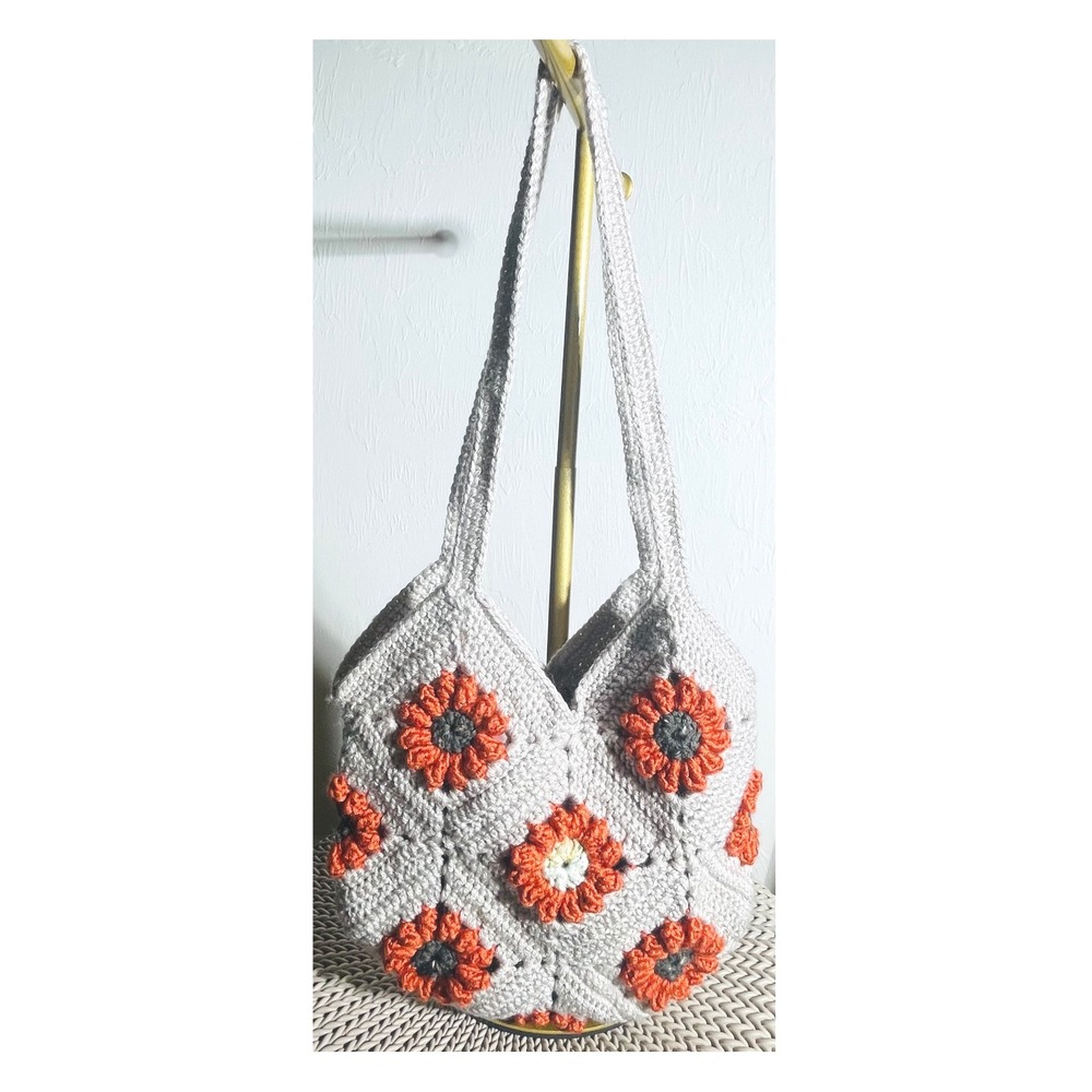 Handmade Crochet Sunflower Shoulder Bag Lined Granny Cream Gray Yarn Cottagecore
